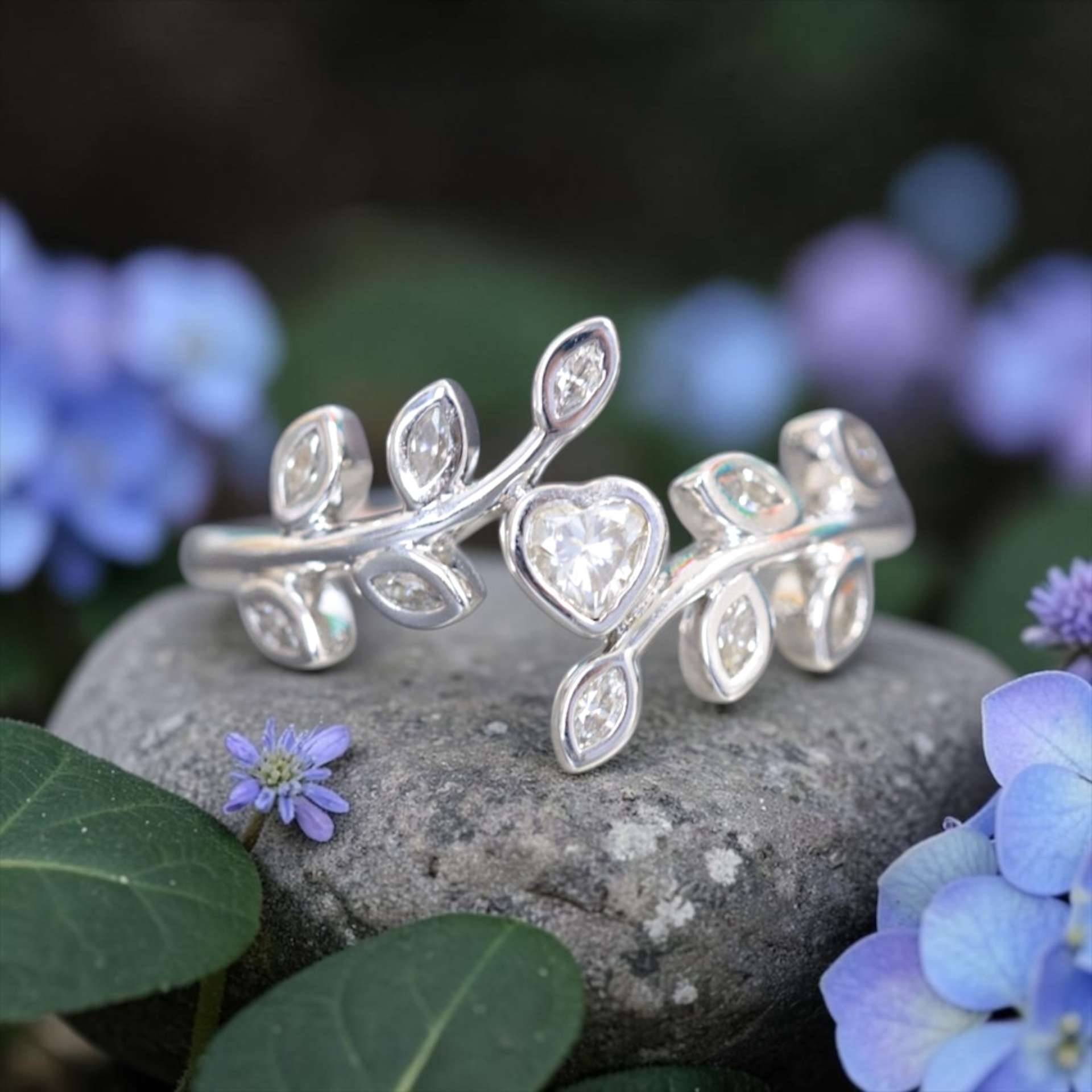 Sugarberry Memorials silver leaf bypass cremation ring with clear stones