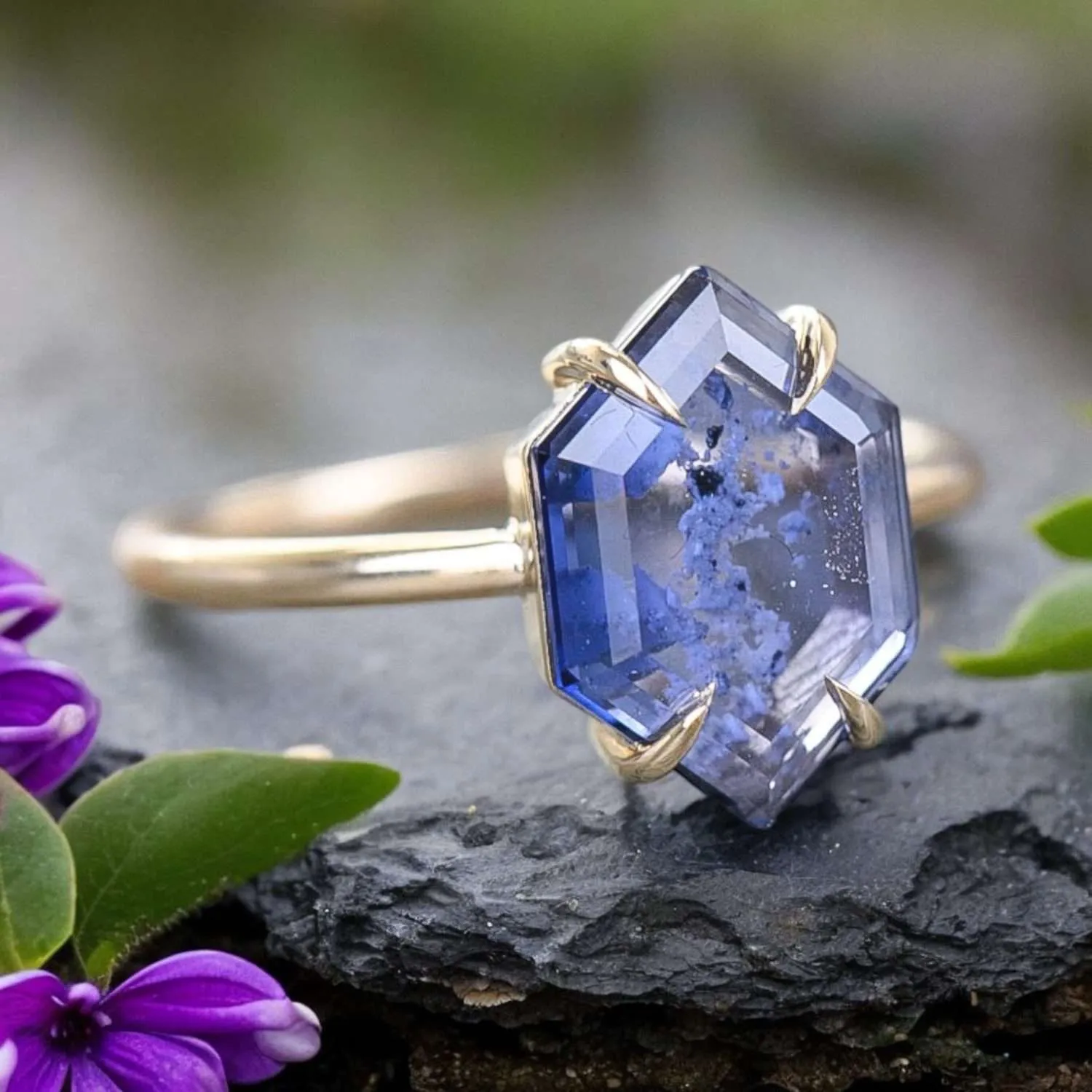 Sugarberry Memorials blue portrait cremation ring with visible ashes